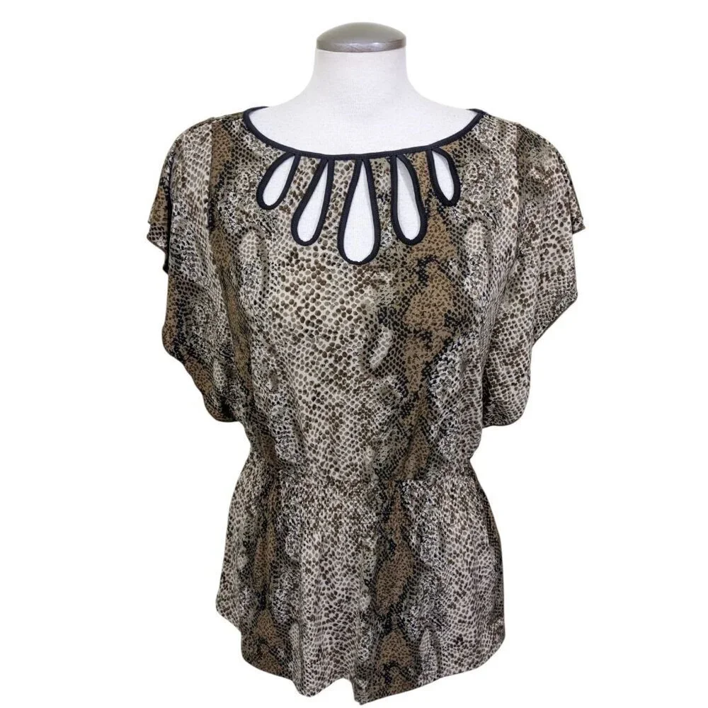 Womens Medium Blouse Flutter Sleeve Smocked Waist Snake Print Brown Cutouts - Picture 2 of 10